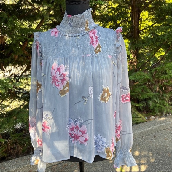 Walter Baker Grey Floral Sheer Ruffle Sleeve Blouse Smocking Size Small $158 EUC - Picture 2 of 10